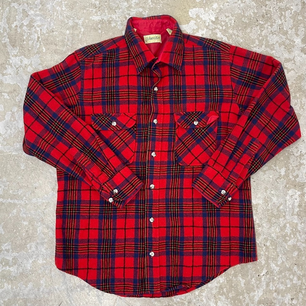 Vintage St Johns Bay Shirt Mens Large‎ Red Plaid Flannel 100% Pure Virgin Wool